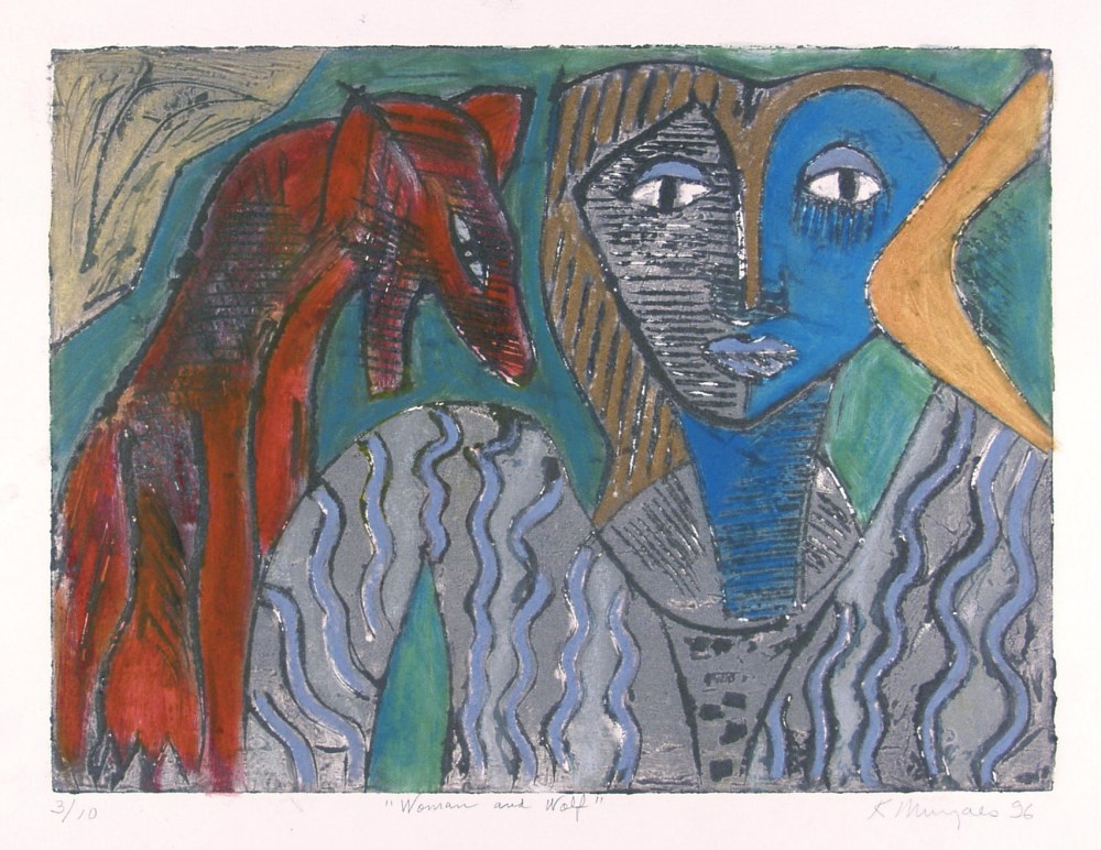 Lot #758: KARIMA MUYAES - Woman and Wolf - Carborundum plate with oil colors