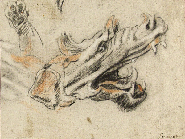 Lot #965: PIETER SNAYERS - Fanged Beast - Charcoal and color chalk drawing