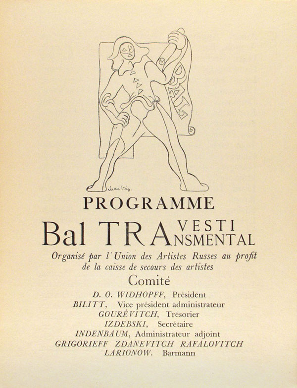 Lot #257: PABLO PICASSO - Grand Bal Travesti/Transmental (Programme) [Picasso *two original lithographs*, Larionov, Gontchrova, et al] [Portfolio/Book] - Original color lithograph and lithographs