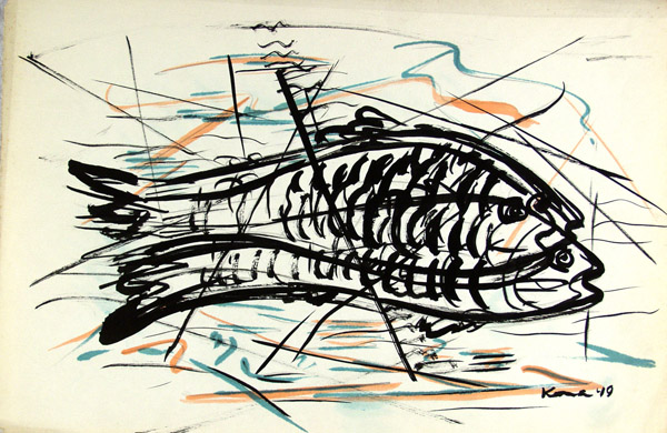 Lot #3178: JALED MUYAES - Two Fish - Ink and watercolor