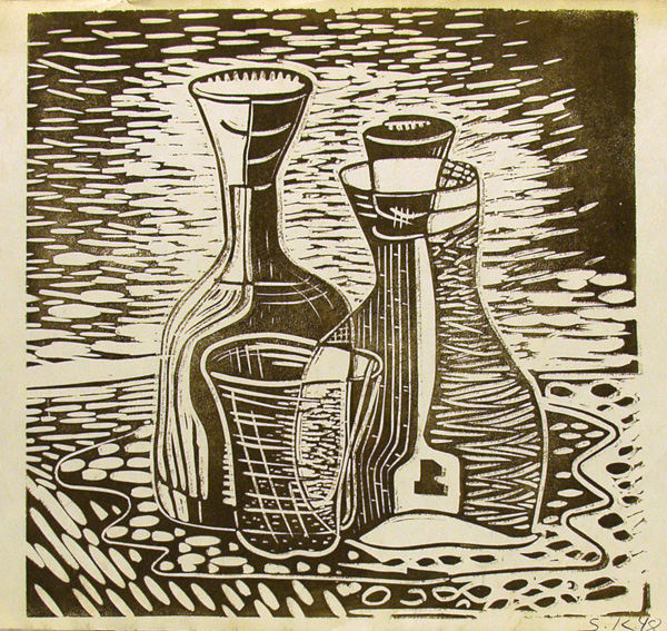 Lot #72: JALED MUYAES - Botellas con una copa - Color linocut