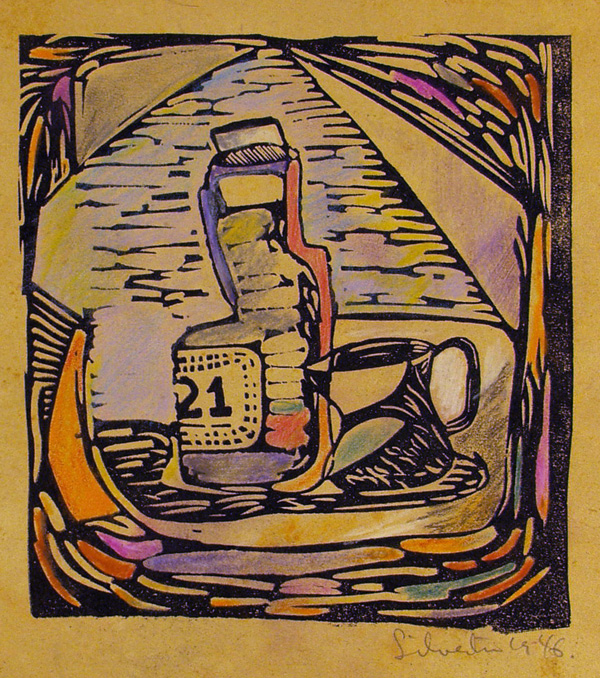 Lot #1365: JALED MUYAES - Still-life with Pitcher - Hand colored linocut