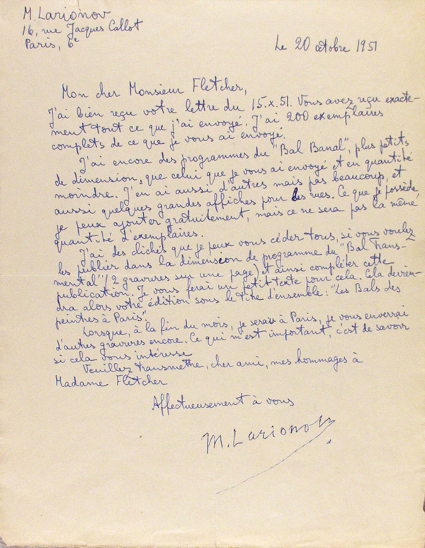 Lot #2684: MIKHAIL LARIONOV - Paris Painters' Balls, Letter #2 - Autograph letter signed