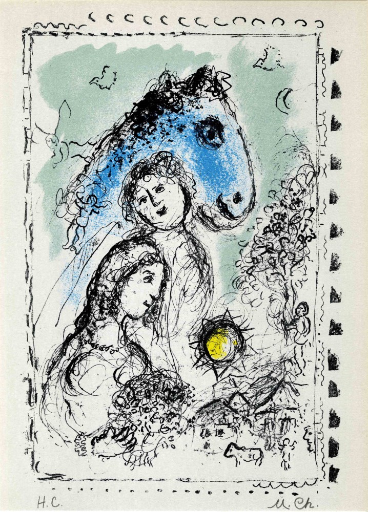 Lot #826: MARC CHAGALL - Blue Horse with Couple (Le cheval bleu au couple/Blaues pferd mit paar) - Original color lithograph