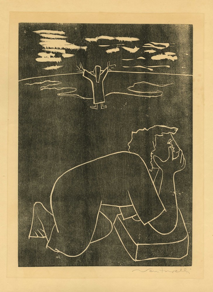 Lot #2663: JOSE VENTURELLI - Tearful Figure and Figure with Outstretched Arms - Original woodcut