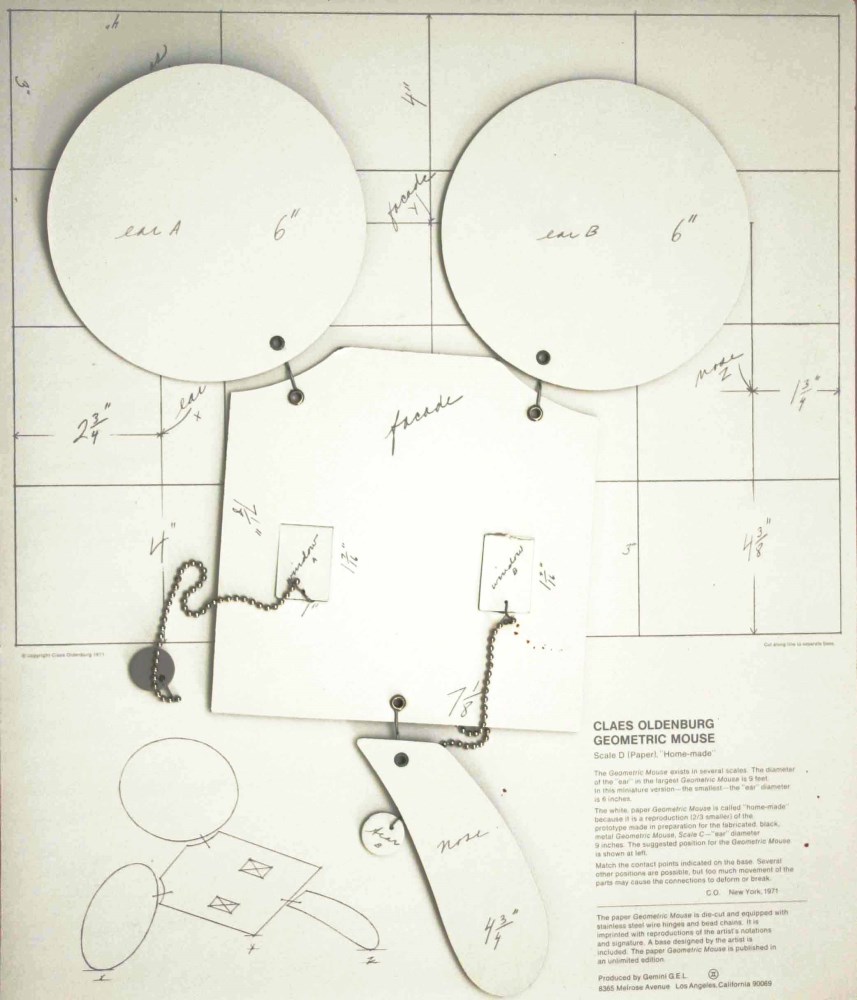 Lot #228: CLAES OLDENBURG - Geometric Mouse - Scale D "Home Made" - Offset lithograph on wove paper laminated to five cardboard elements with die-cut, stainless steel chain and wire and nickel-plated fasteners