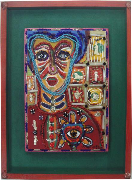 Lot #817: KARIMA MUYAES - Beaded Woman - Acrylic on board, with glass beads and nickel silver "milagros" applied