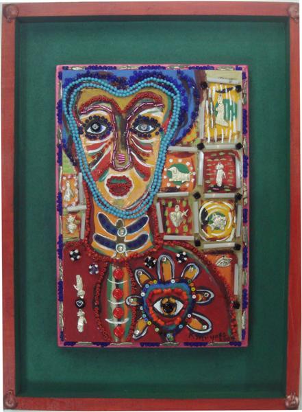 Lot #46: KARIMA MUYAES - Beaded Woman - Acrylic on board, with glass beads and nickel silver "milagros" applied