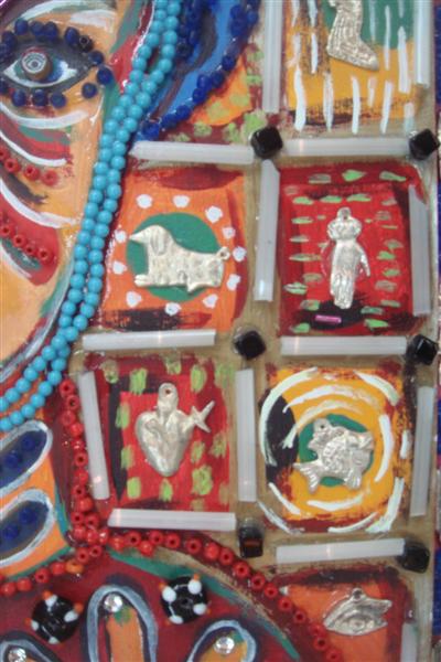 Lot #46: KARIMA MUYAES - Beaded Woman - Acrylic on board, with glass beads and nickel silver "milagros" applied