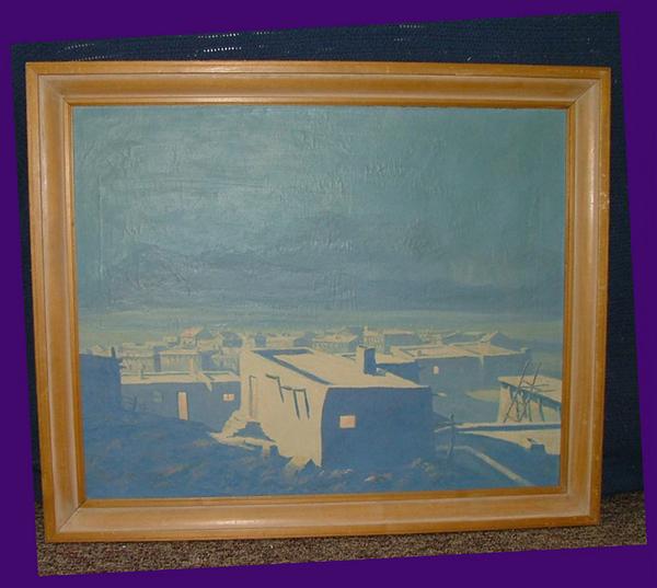 Lot #410: JACK VAN RYDER - Moonrise over the Pueblo - Oil on canvas
