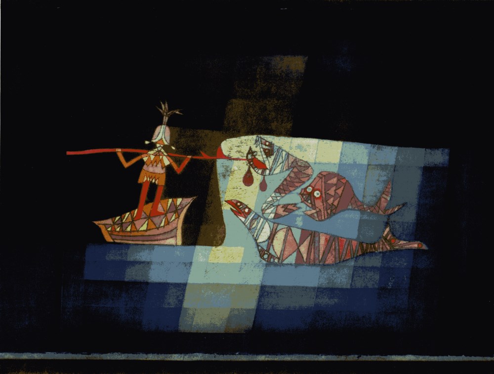 Lot #2640: PAUL KLEE - Scene from the Tragi-comic Opera 'Sindbad the Sailor' ["Kampfszene aus der komisch-fantastischen Oper Sindbad der Seefahrer"] - Original color collotype