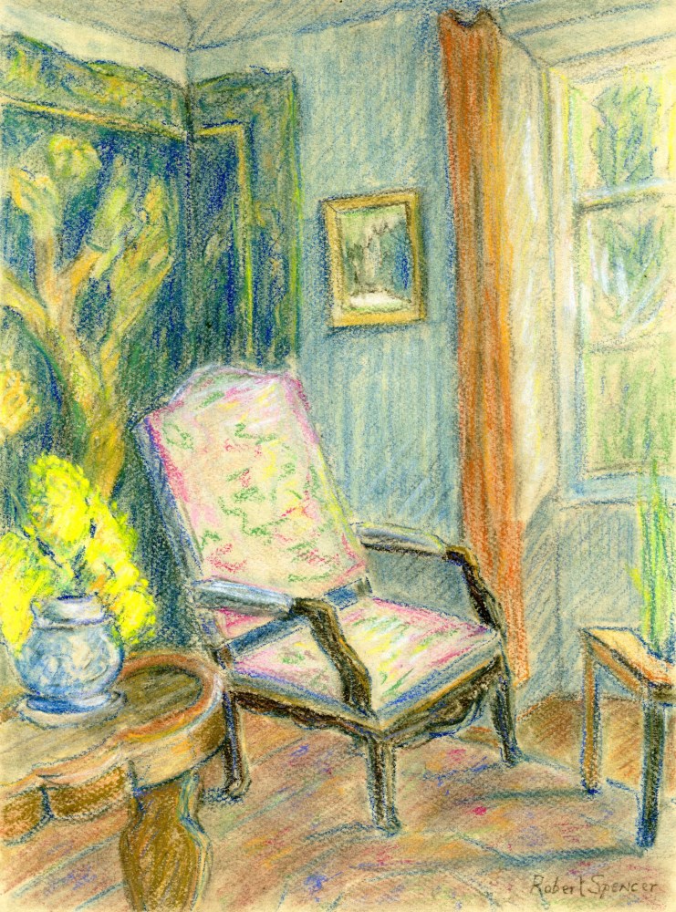 Lot #612: ROBERT SPENCER - Still-life with Chair - Pastel on paper