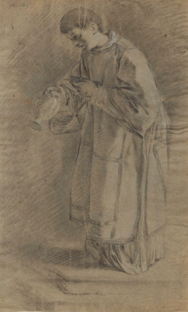 Lot #489: BARTOLOME ESTEBAN MURILLO - Priest with an Urn - Black and brown chalk heightened with white