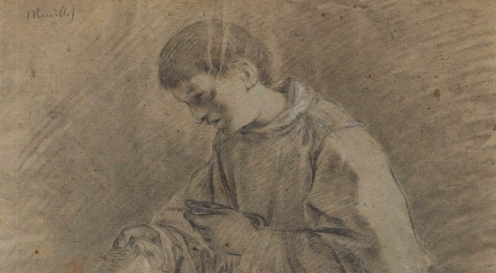 Lot #489: BARTOLOME ESTEBAN MURILLO - Priest with an Urn - Black and brown chalk heightened with white