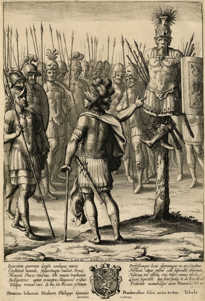 Lot #1674: WENCESLAUS HOLLAR - Aeneas Erects a Trophy of the Weapons of Mezentius - Etching with drypoint