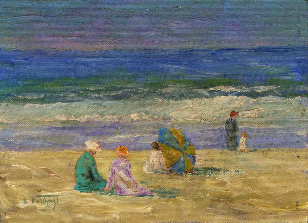 Lot #2198: EDWARD HENRY POTTHAST [imputee] - Umbrella at the Shore - Oil on canvasboard