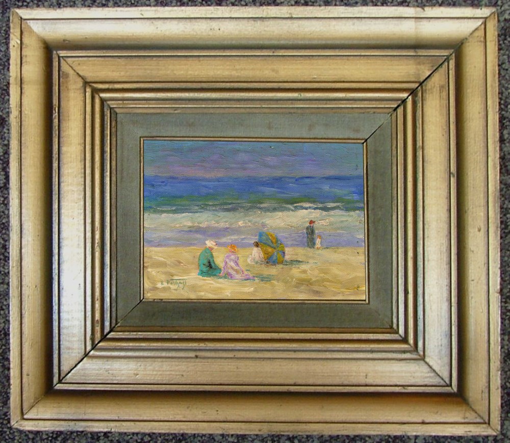 Lot #2198: EDWARD HENRY POTTHAST [imputee] - Umbrella at the Shore - Oil on canvasboard