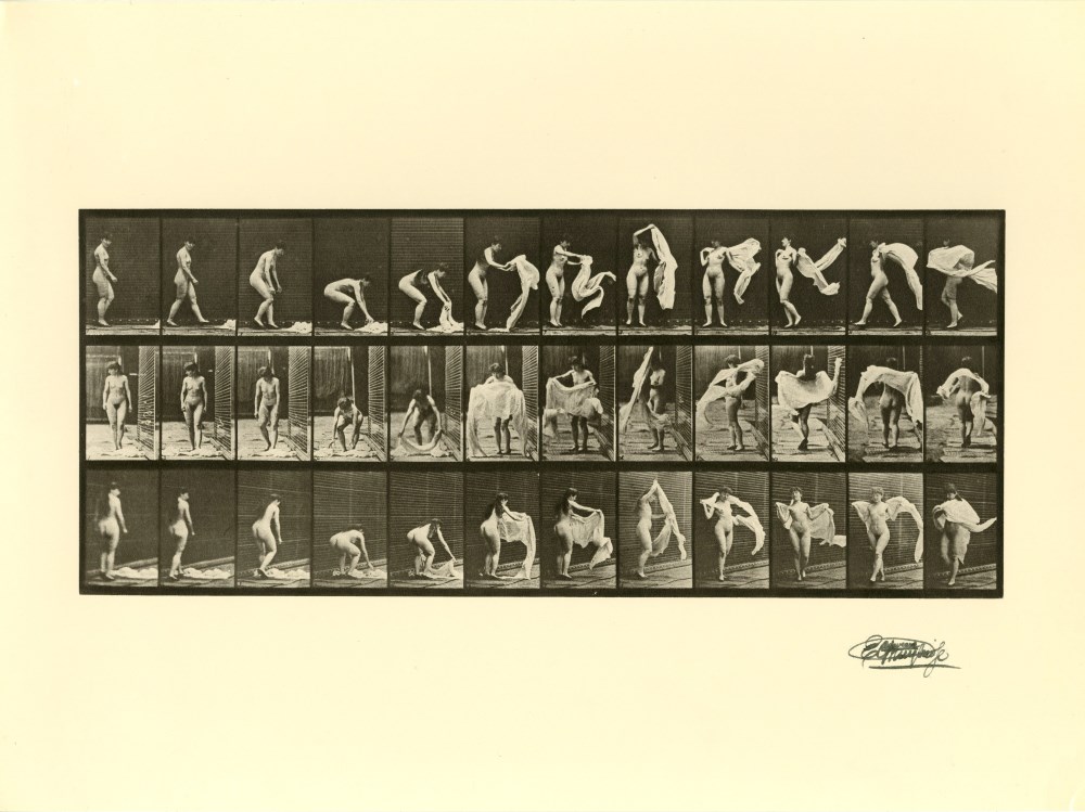 Lot #744: EADWEARD MUYBRIDGE - Woman Throwing a Shawl on Her Shoulders - Original photogravure