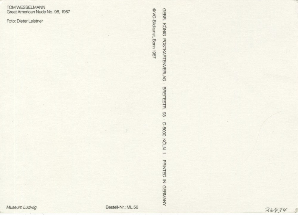 Lot #2191: TOM WESSELMANN - Great American Nude #98 - Original color offset lithograph postcard