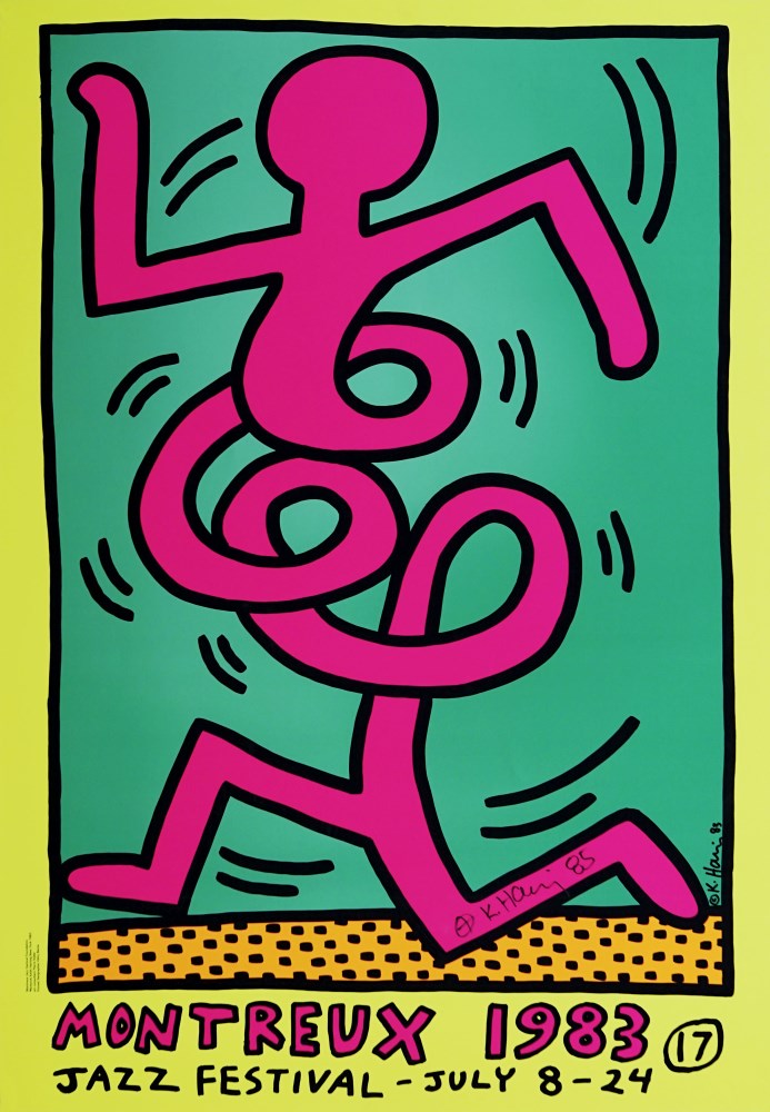Lot #407: KEITH HARING - Montreux [Jazz Festival] 1983 - Blue/Green Background/Yellow Border - Original color silkscreen