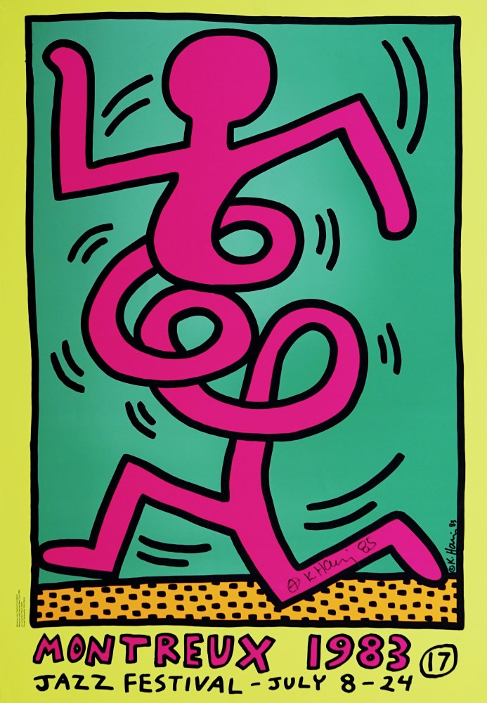 Lot #1178: KEITH HARING - Montreux [Jazz Festival] 1983 - Blue/Green Background/Yellow Border - Original color silkscreen