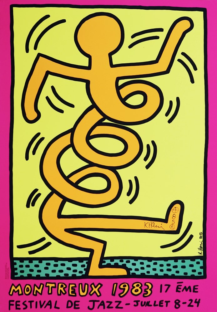 Lot #2542: KEITH HARING - Montreux [Jazz Festival] 1983 - Yellow Background/Pink Border - Original color silkscreen