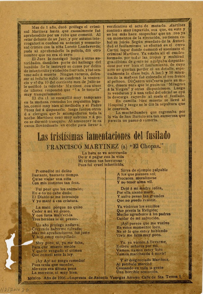 Lot #1673: JOSE GUADALUPE POSADA - El Fusilamiento de Francisco Martinez - Relief engraving