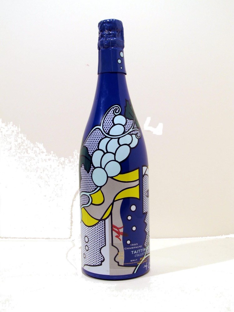 Lot #1389: ROY LICHTENSTEIN - Taittinger Champagne Brut Bottle with box and tag - Screenprint on blue polyester form encasing the glass bottle