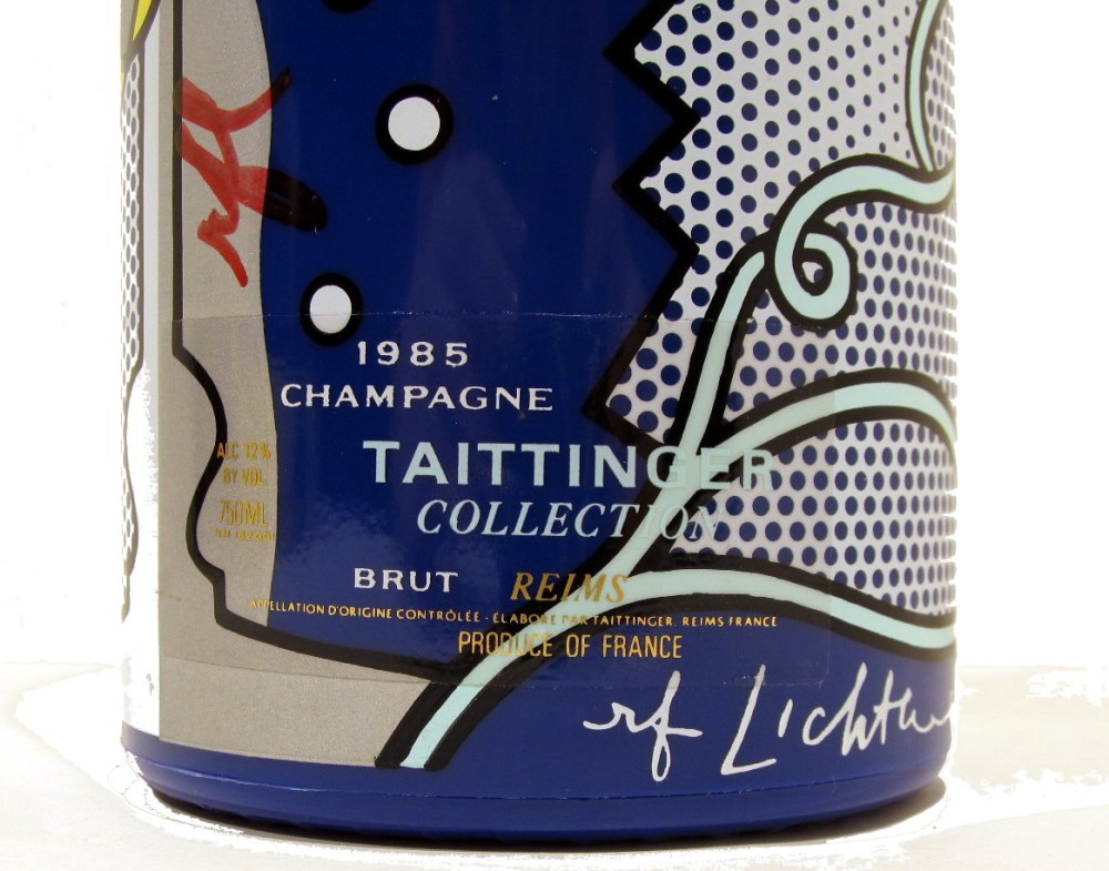 Lot #1389: ROY LICHTENSTEIN - Taittinger Champagne Brut Bottle with box and tag - Screenprint on blue polyester form encasing the glass bottle