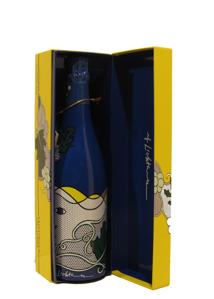 Lot #1389: ROY LICHTENSTEIN - Taittinger Champagne Brut Bottle with box and tag - Screenprint on blue polyester form encasing the glass bottle