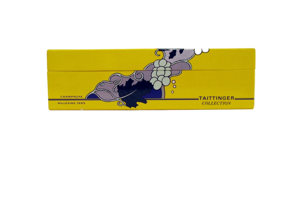 Lot #3025: ROY LICHTENSTEIN - Taittinger Champagne Brut Bottle with box and tag - Screenprint on blue polyester form encasing the glass bottle