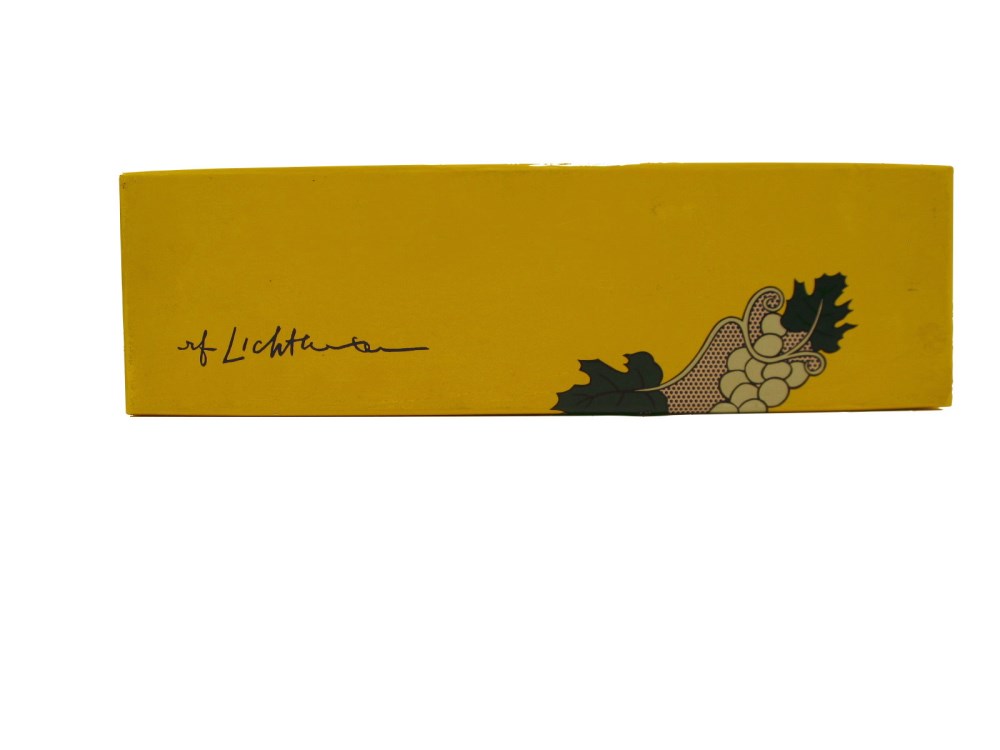 Lot #3025: ROY LICHTENSTEIN - Taittinger Champagne Brut Bottle with box and tag - Screenprint on blue polyester form encasing the glass bottle