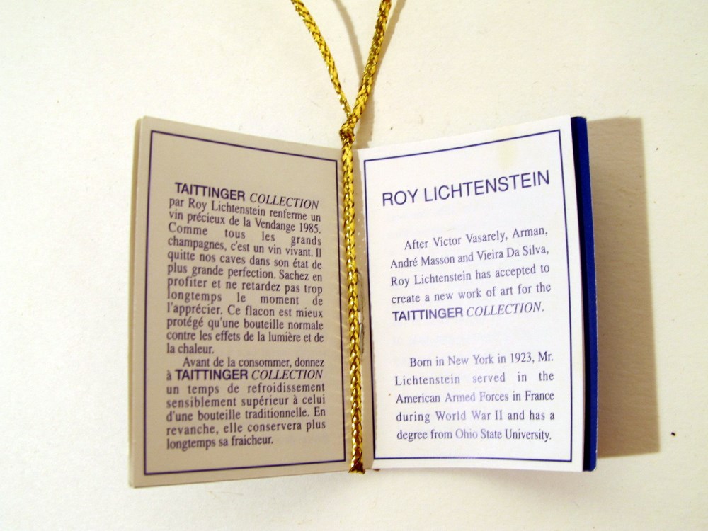Lot #3025: ROY LICHTENSTEIN - Taittinger Champagne Brut Bottle with box and tag - Screenprint on blue polyester form encasing the glass bottle
