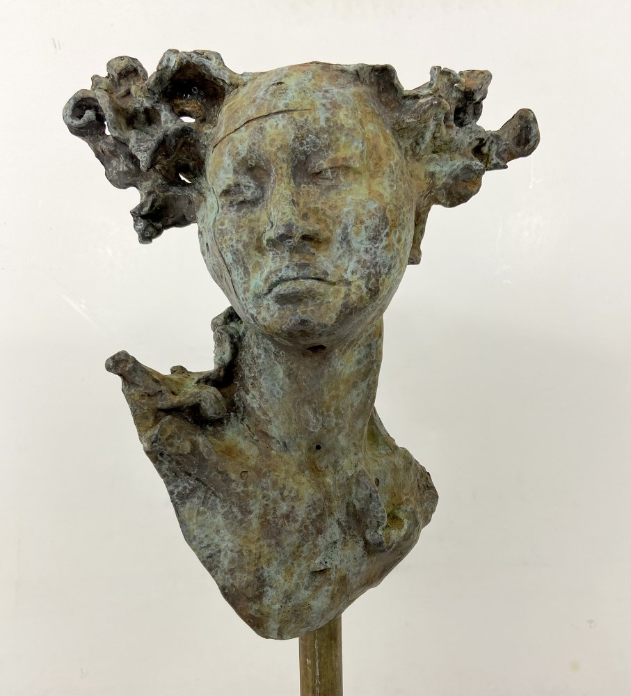 Lot #2582: JAVIER MARIN [d'après] - La Cabeza Grande - Bronze sculpture with tan and light green patina