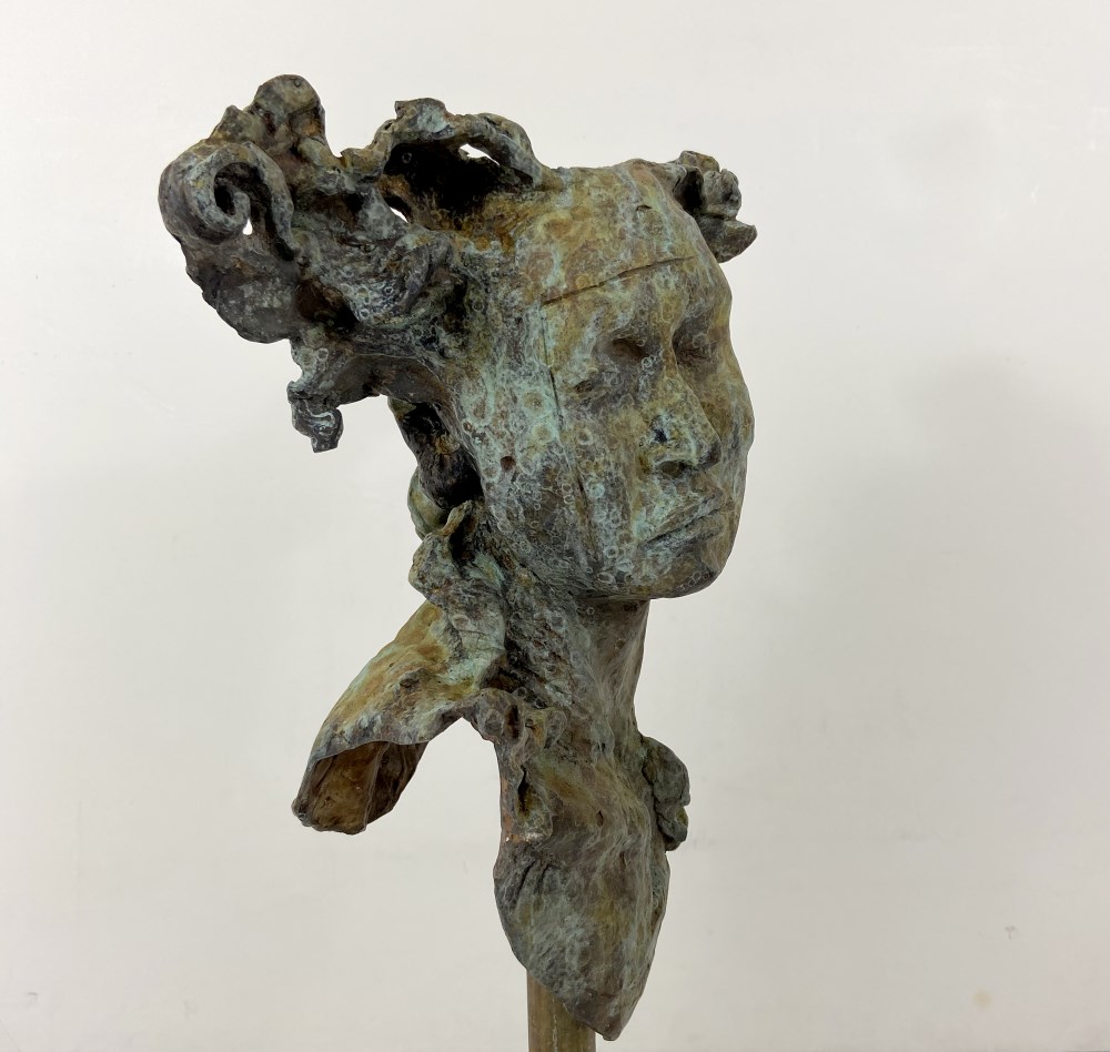 Lot #2582: JAVIER MARIN [d'après] - La Cabeza Grande - Bronze sculpture with tan and light green patina