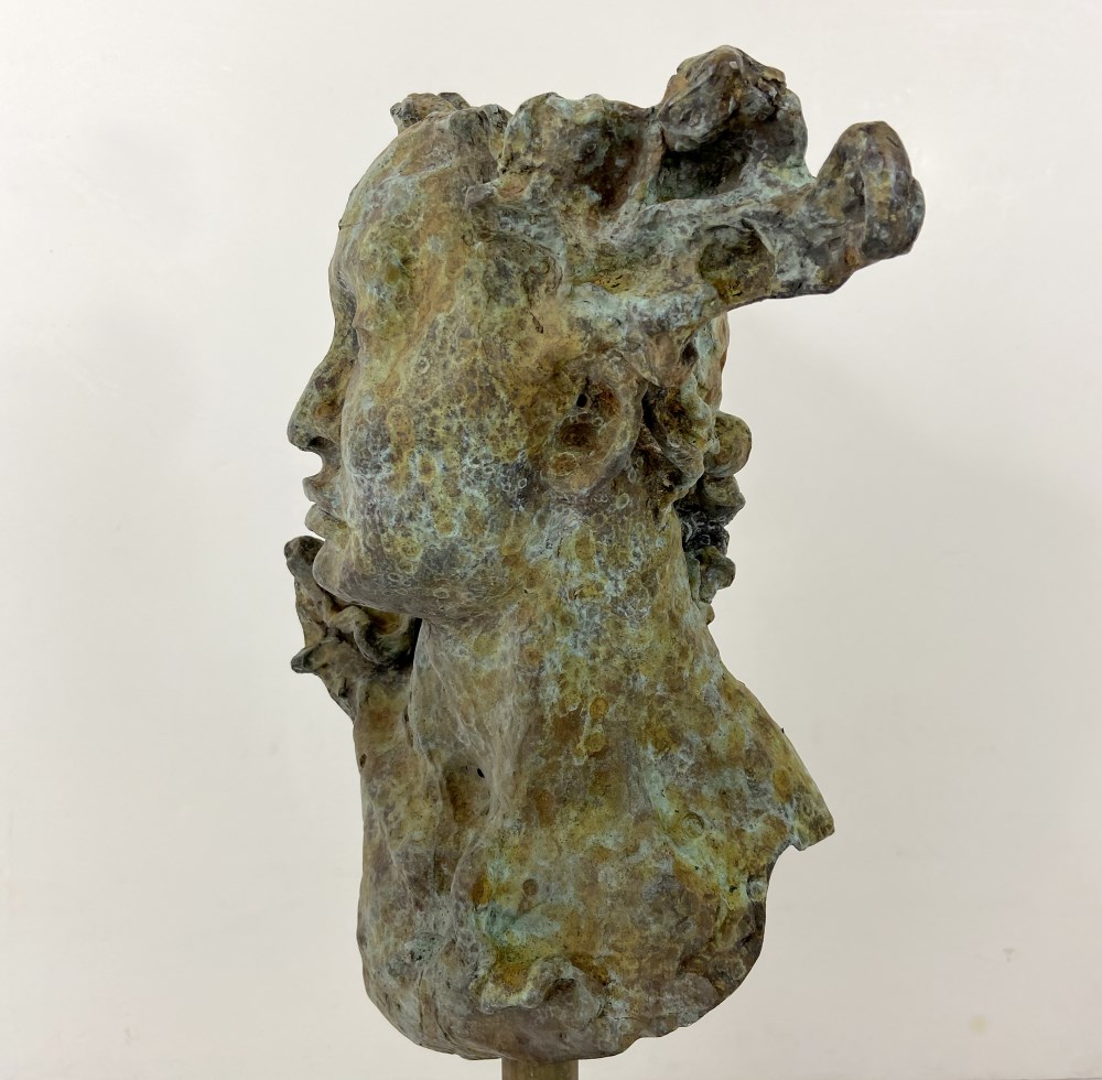 Lot #2582: JAVIER MARIN [d'après] - La Cabeza Grande - Bronze sculpture with tan and light green patina