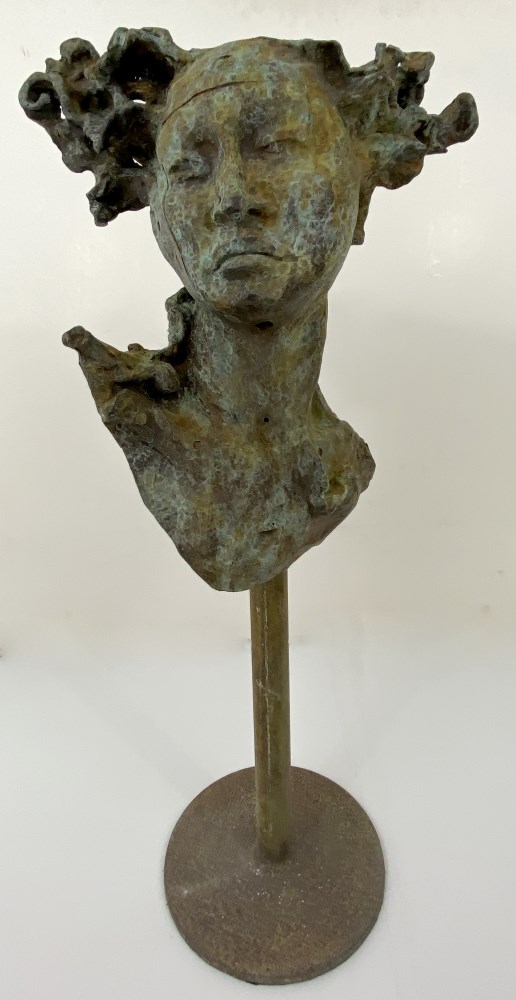 Lot #2378: JAVIER MARIN [d'aprs] - La Cabeza Grande - Bronze sculpture with tan and light green patina