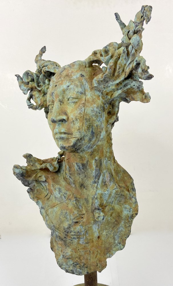 Lot #2683: JAVIER MARIN [d'après] - Una Cabeza Grande - Bronze sculpture with tan and light green patina