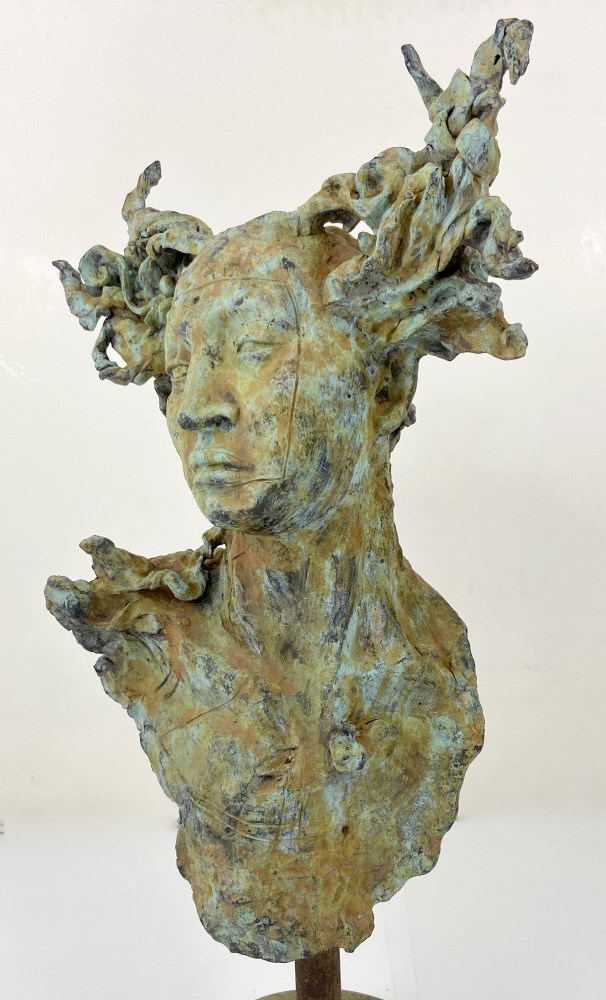 Lot #3187: JAVIER MARIN [d'aprs] - Una Cabeza Grande - Bronze sculpture with tan and light green patina