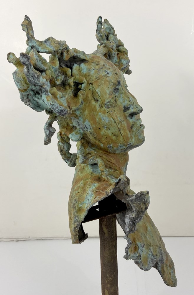 Lot #3187: JAVIER MARIN [d'aprs] - Una Cabeza Grande - Bronze sculpture with tan and light green patina
