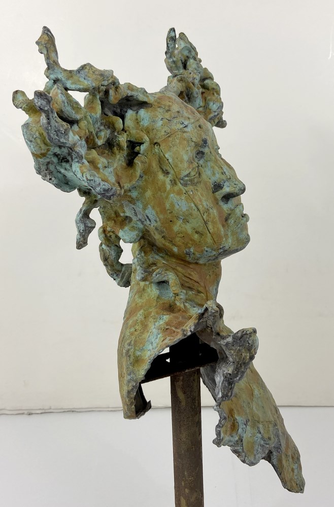 Lot #2683: JAVIER MARIN [d'après] - Una Cabeza Grande - Bronze sculpture with tan and light green patina