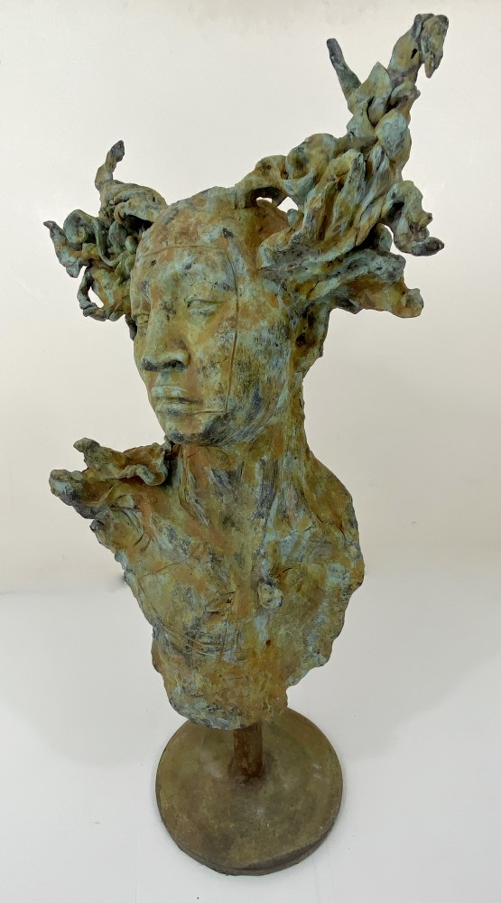 Lot #2683: JAVIER MARIN [d'après] - Una Cabeza Grande - Bronze sculpture with tan and light green patina