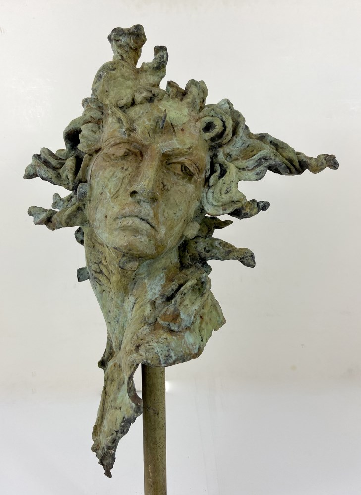 Lot #2538: JAVIER MARIN [d'après] - Cabeza Grande Pestanas - Bronze sculpture with light verdigris-type patina