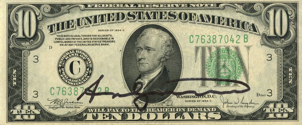 Lot #2664: ANDY WARHOL - Ten Dollar Hamilton - Color engraving and letterpress