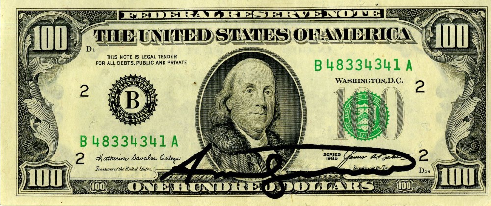 Lot #1231: ANDY WARHOL - One Hundred Dollar Franklin - Color engraving and letterpress