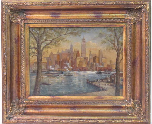 Lot #441: C. C. COOPER - New York City from the Dock - Oil on panel