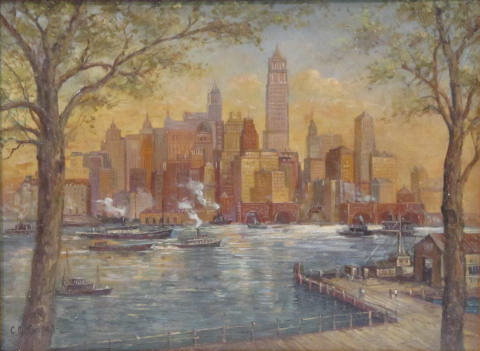 Lot #441: C. C. COOPER - New York City from the Dock - Oil on panel