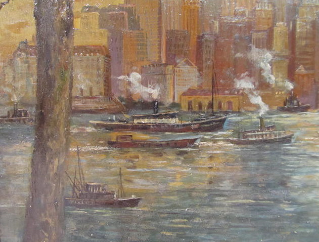 Lot #441: C. C. COOPER - New York City from the Dock - Oil on panel