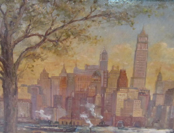 Lot #441: C. C. COOPER - New York City from the Dock - Oil on panel