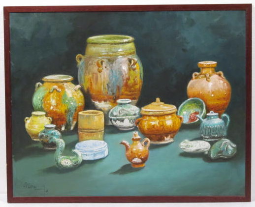Lot #588: J. D. CASTRO - Still Life with Pottery - Oil on canvas